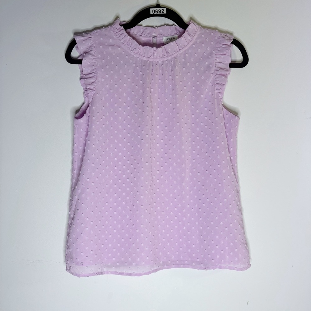 J Crew Lavender Swiss Dot Ruffle Neck Sleeveless Blouse XS Mock Neck Top